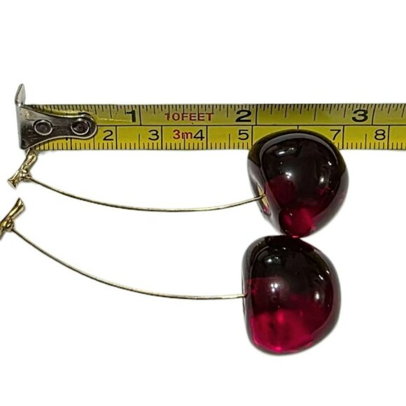 Red Cherry Drop Earrings Gold-Tone Stems Studs Dangle Resin Fruit Jewelry - Picture 5 of 7
